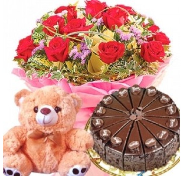 Flower and Cake and Teddy Bear Combo