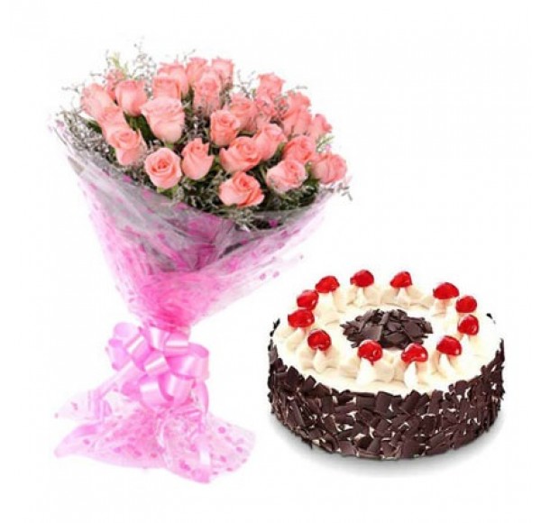 Hot Pink Roses with Black Forest Cake