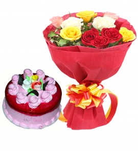 Romance with Multicolored Roses With Half Kg Lovely Strawberry Cake