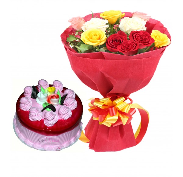 Romance with Multicolored Roses With Half Kg Lovely Strawberry Cake