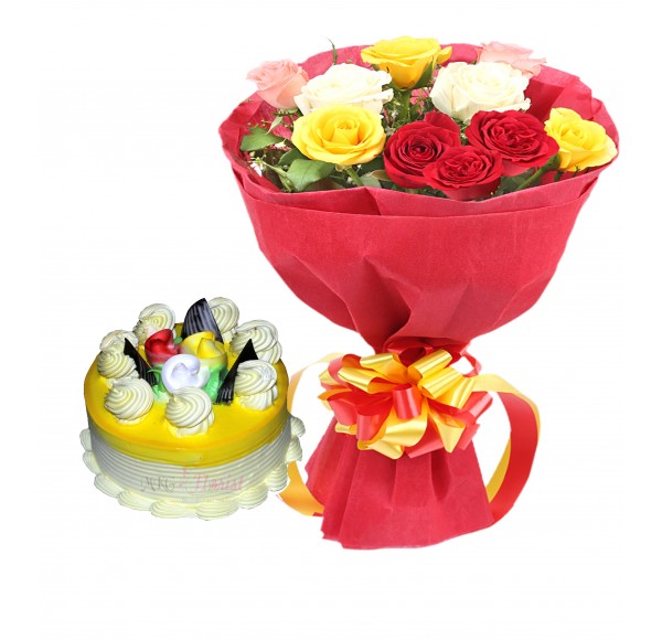 Multicolored Roses With Half Kg Designer Pineapple Cake