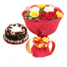 Multicolored Roses With Half Kg Coco Black Forest Cake