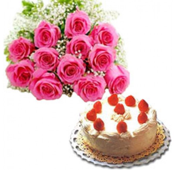 Charming 12 Pink Roses Bunch with Butter Scotch Cake