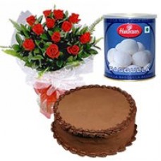 Exquisite 12 Red Roses and Haldiram Rasgulla with 1 Kg Eggless Cake