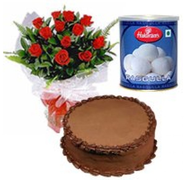 Exquisite 12 Red Roses and Haldiram Rasgulla with 1 Kg Eggless Cake