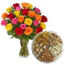 Exotic 1 Kg. Dried Fruits Assortment and Two Dozen Flashy Roses with Love