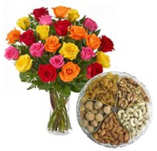 Exotic 1 Kg. Dried Fruits Assortment and Two Dozen Flashy Roses with Love